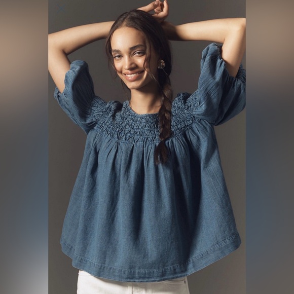 Anthropologie Tops - Smocked Blue Women's Peasant Top